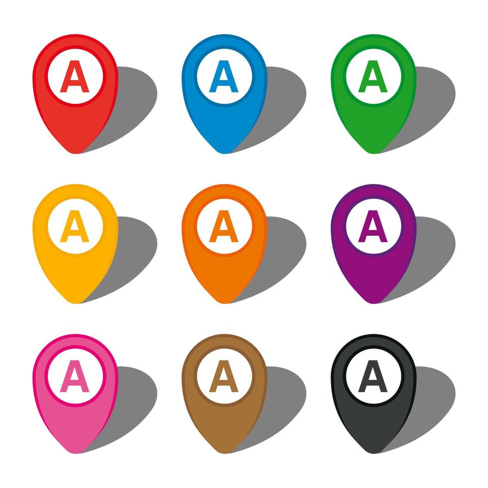 Set of nine colorful map pointers with point A sign in white circle and with shadow. Vector illustration