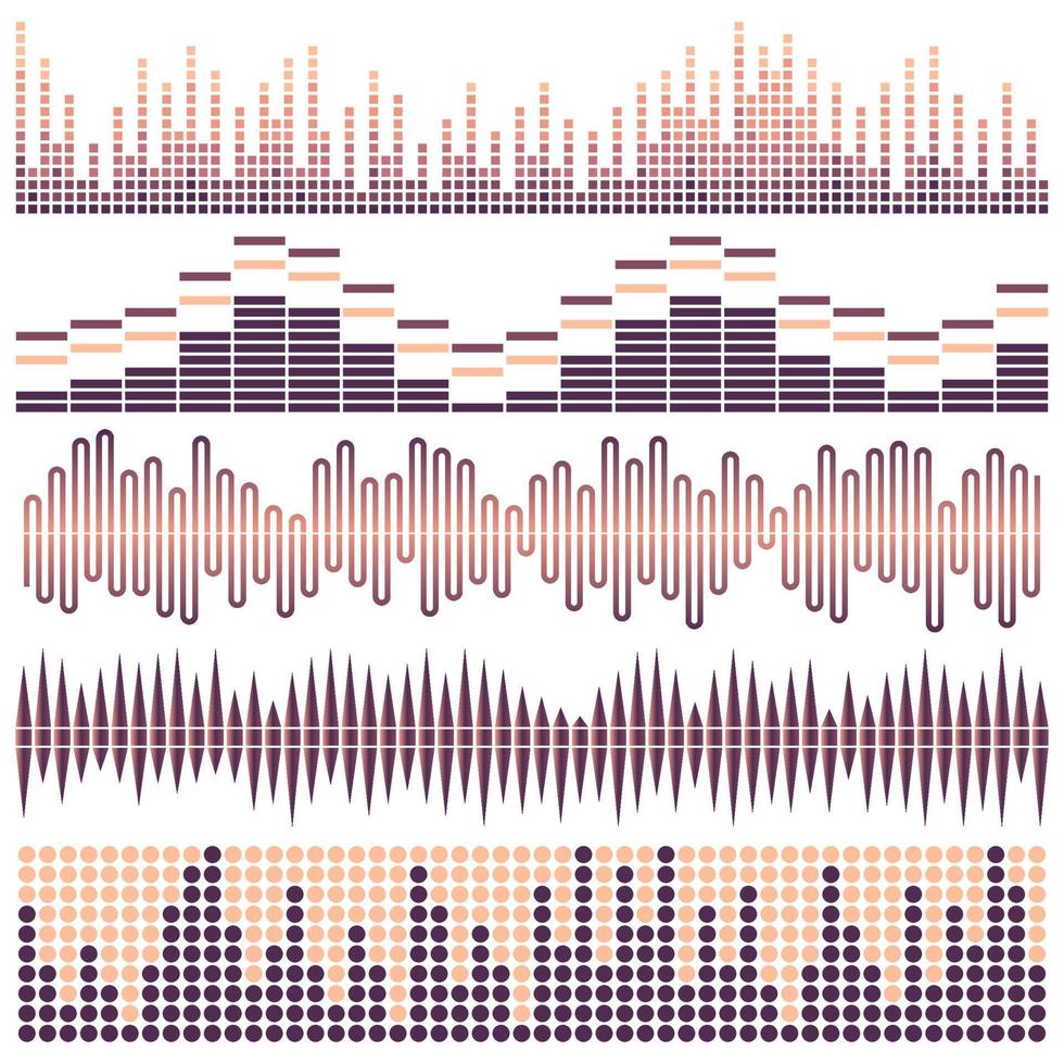 conjunto de vectores de ondas sonoras. ecualizador de sonido ondas de sonido y audio aisladas sobre fondo blanco.