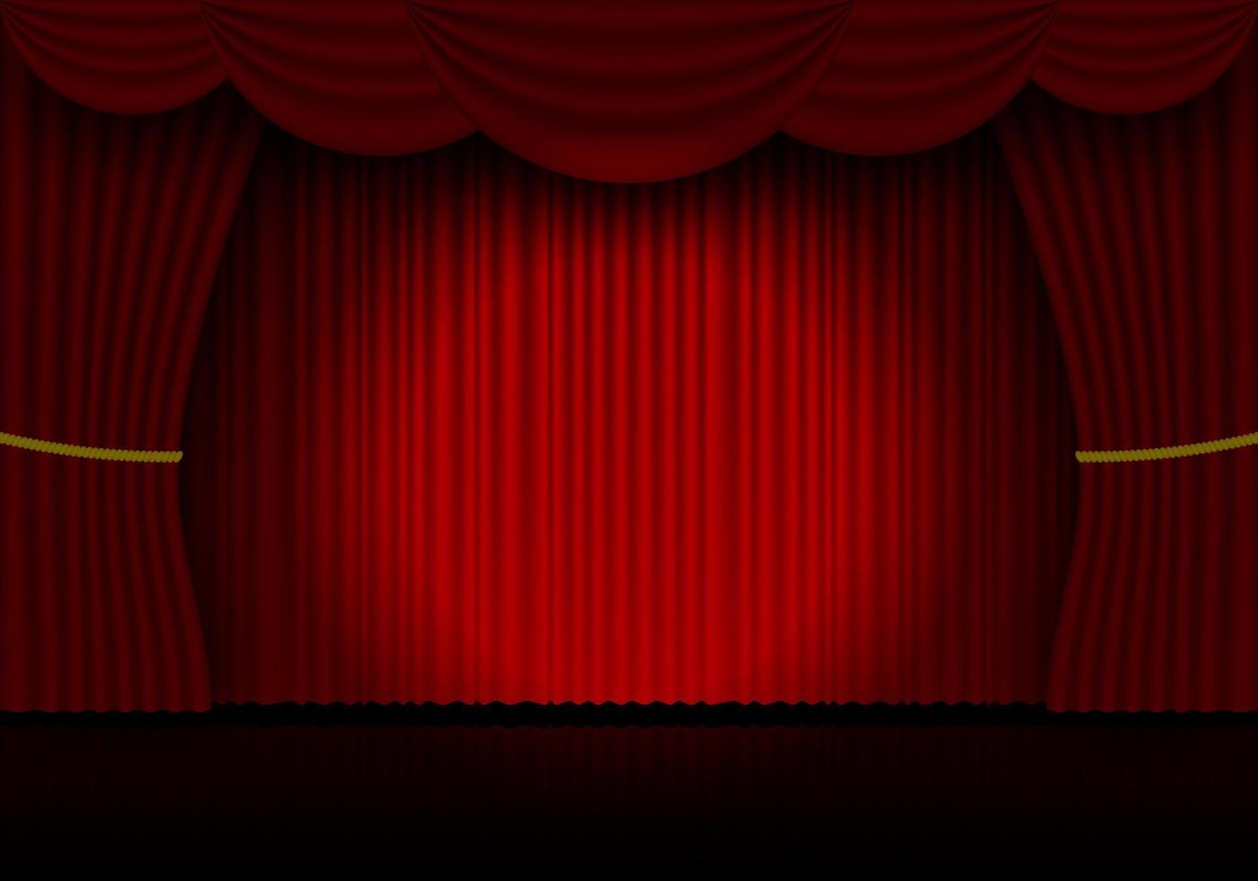 Red curtain opera, cinema or theater stage drapes. Spotlight on closed velvet curtains background. Vector illustration