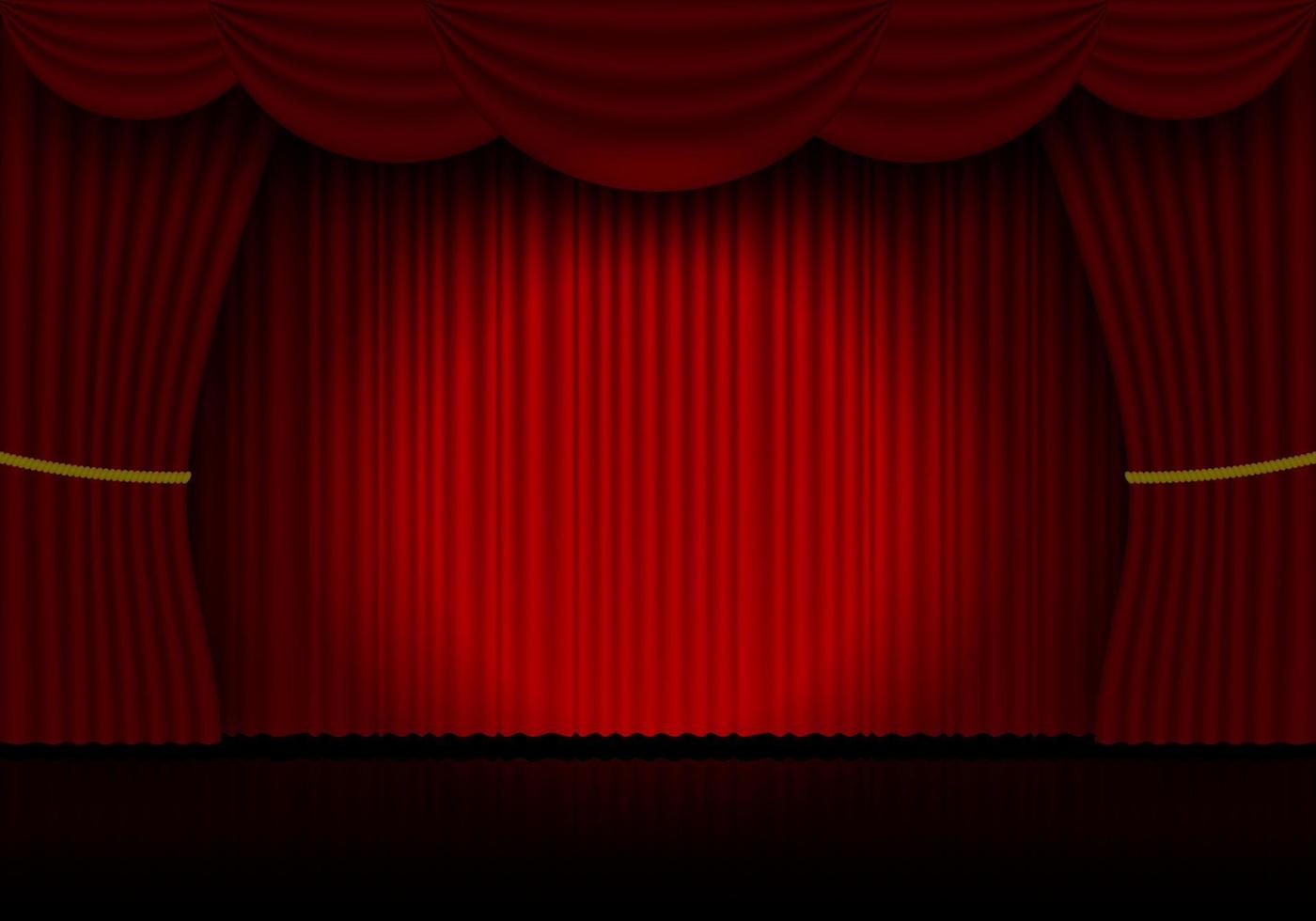 Red curtain opera, cinema or theater stage drapes. Spotlight on closed velvet curtains background. Vector illustration