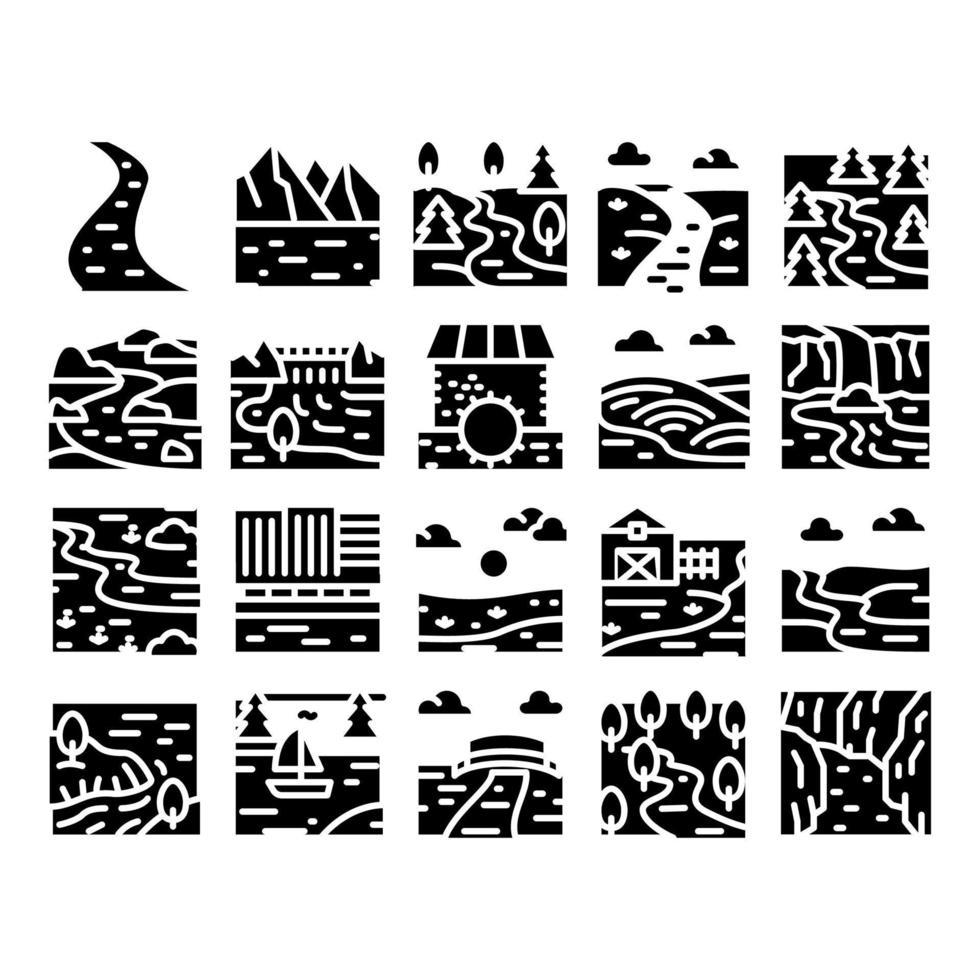 River Landscape Glyph Set Vector