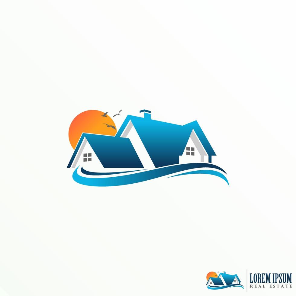 Unique House roof, Home, sun, Flying birds, and wave image graphic icon logo design abstract concept vector stock. Can be used as a symbol related to property.