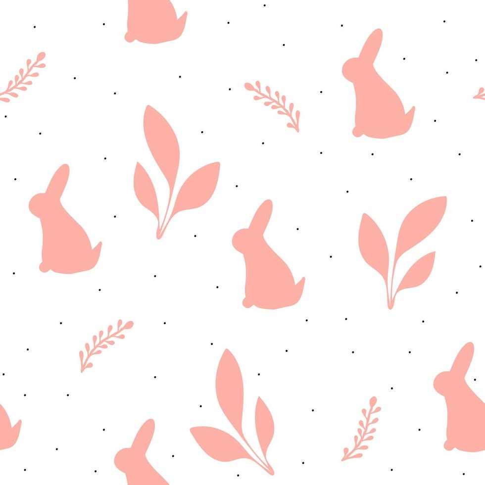 Seamless pattern with hand drawn rabbit silhouette and and abstract plant,child illustration with bunny,print for wrapping paper,tender monochrome clipart for nursery design,textile,apparel,fashion vector