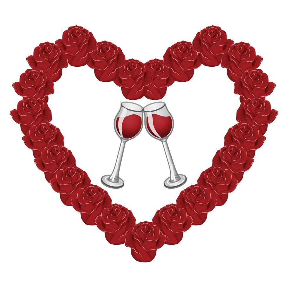 Glasses of wine in a heart-shaped frame made of rose flowers. Vector illustration isolated on white background.