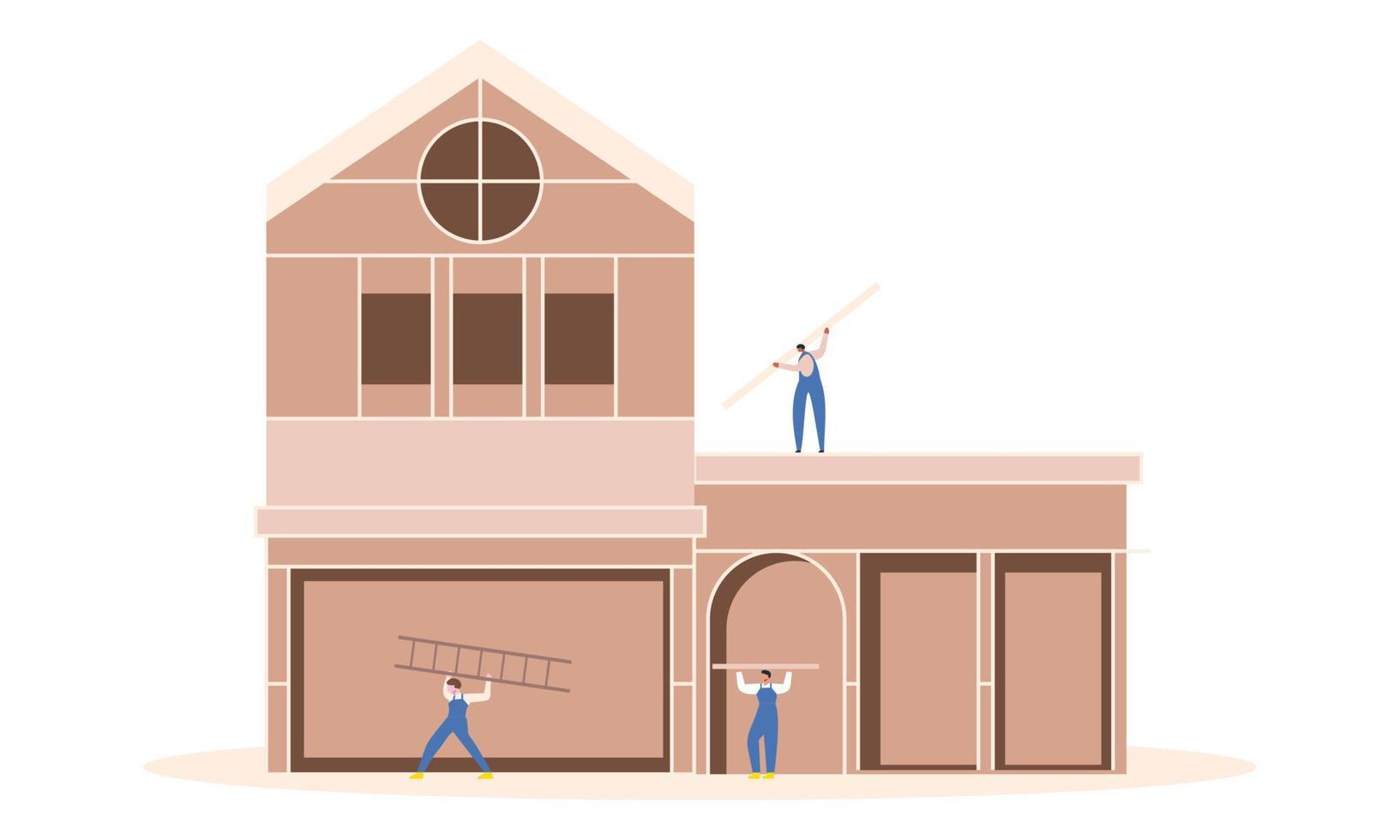 Houses construction process. Team of builders build wood home illustration vector