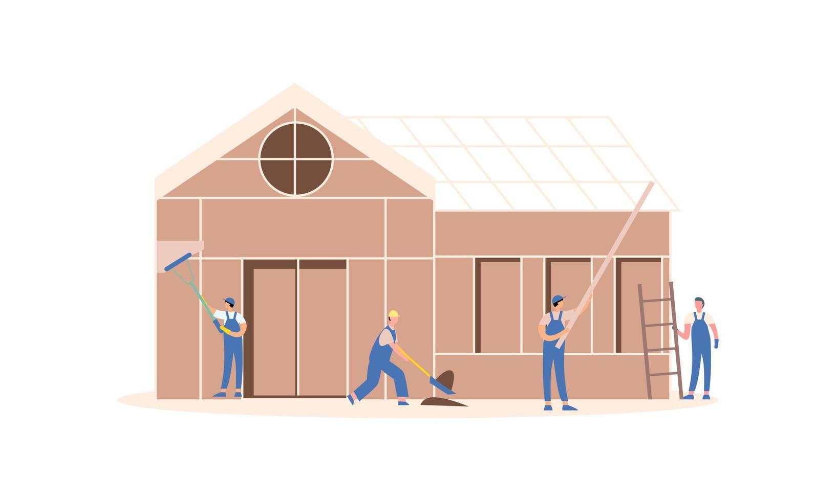 Houses construction process. Team of builders build wood home illustration vector