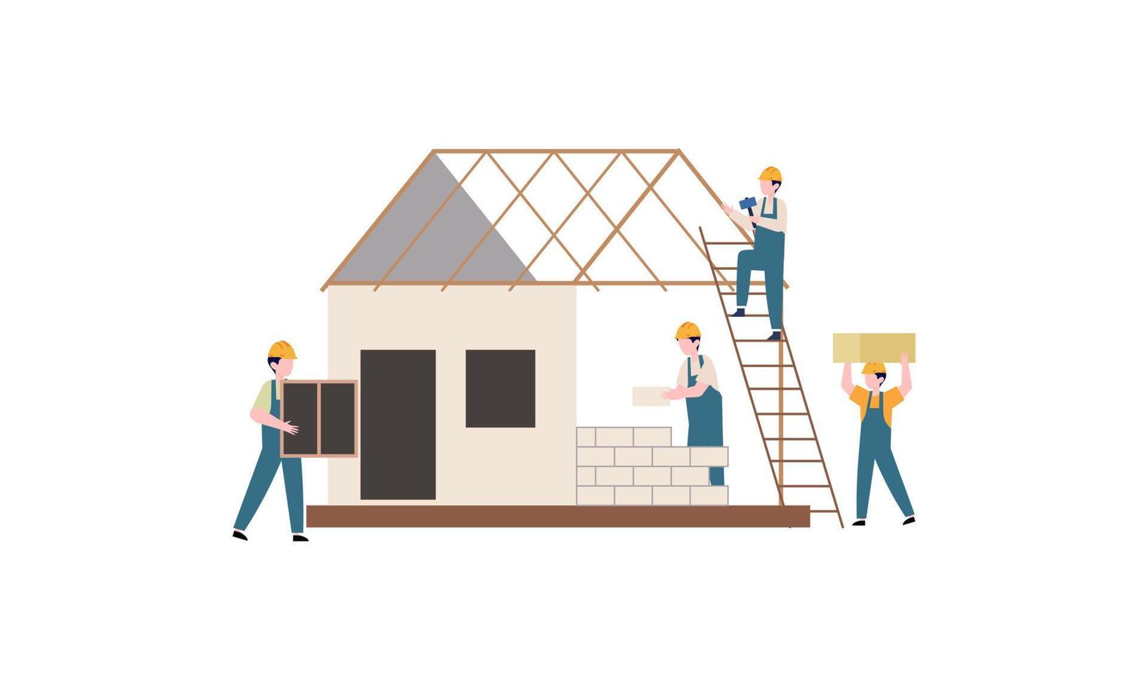 Houses construction process. Team of builders build wood home illustration vector