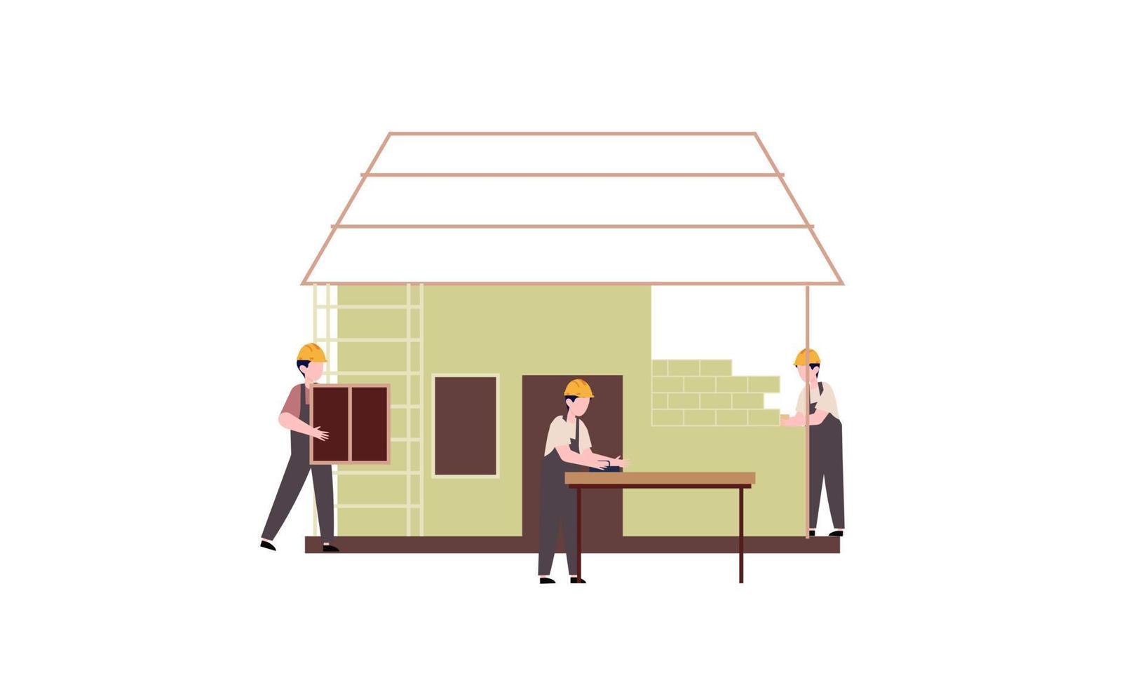 Houses construction process. Team of builders build wood home illustration vector