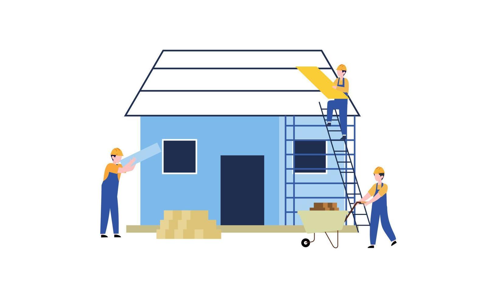 Houses construction process. Team of builders build wood home illustration vector