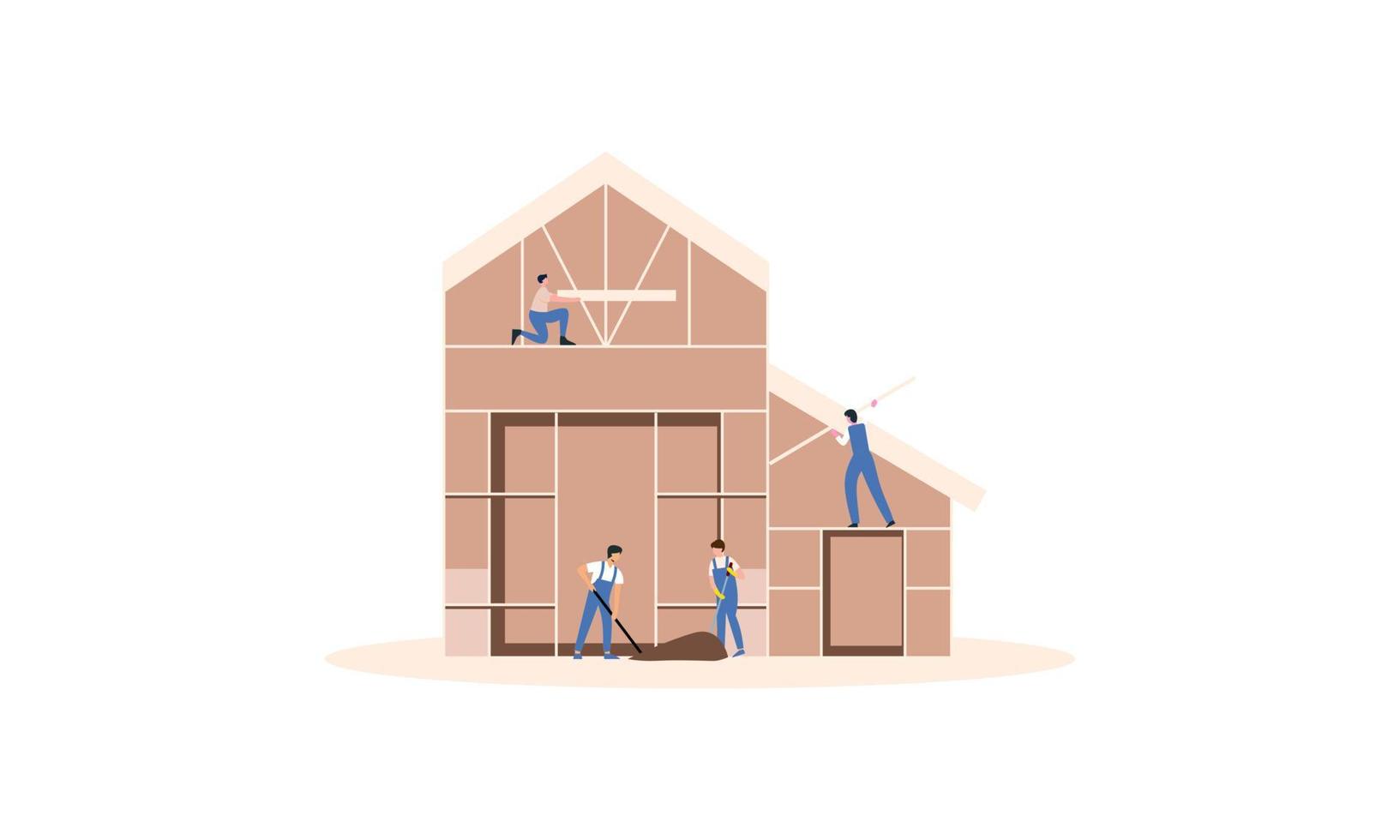 Houses construction process. Team of builders build wood home illustration vector