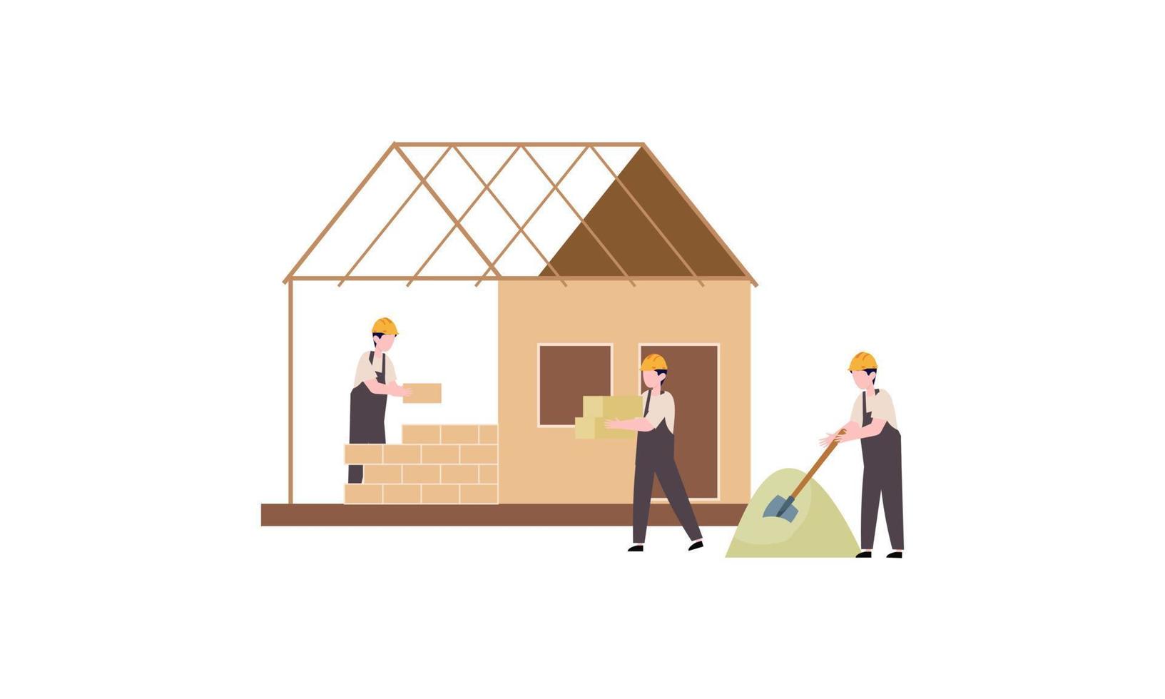 Houses construction process. Team of builders build wood home illustration vector