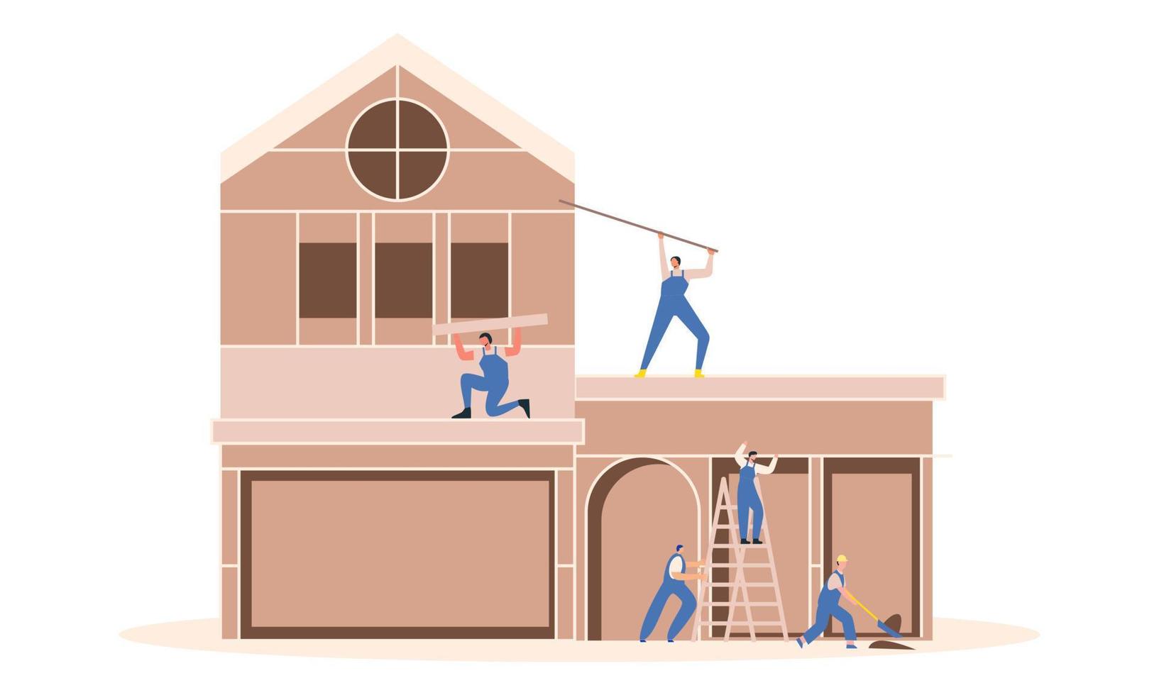 Houses construction process. Team of builders build wood home illustration vector