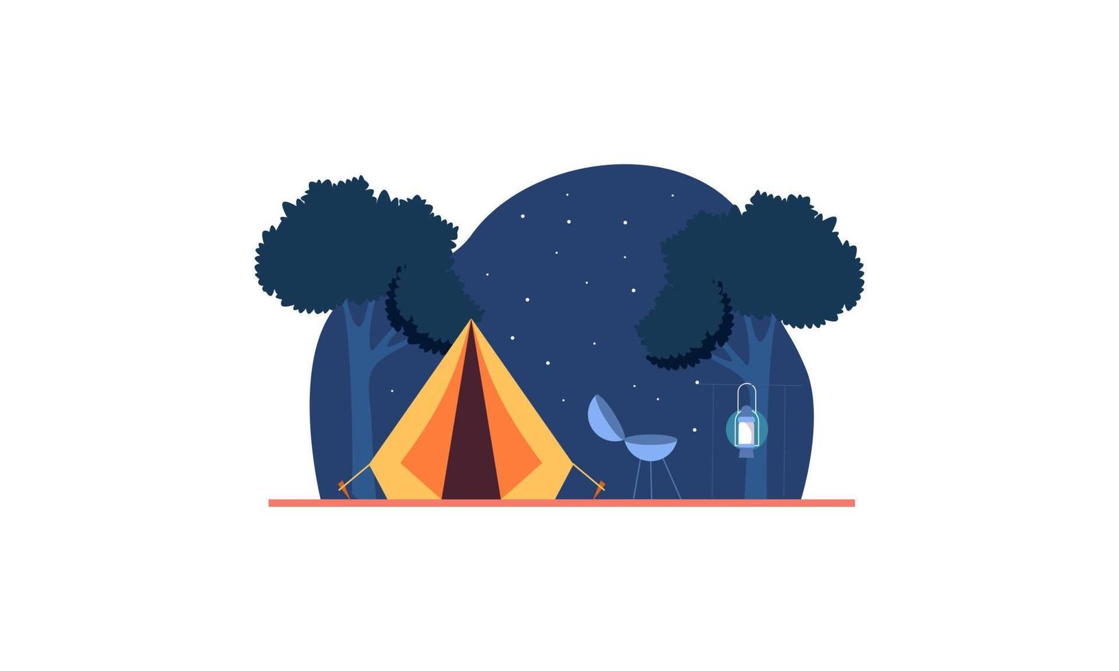 composición de dibujos animados de lugar de campamento con cena en el cielo nocturno de fuego vector