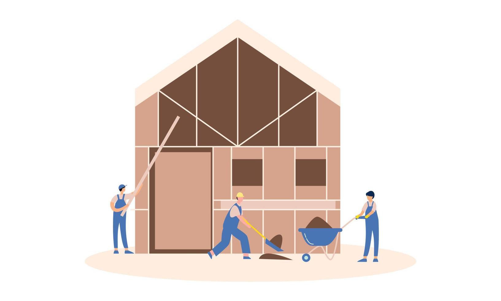 Houses construction process. Team of builders build wood home illustration vector