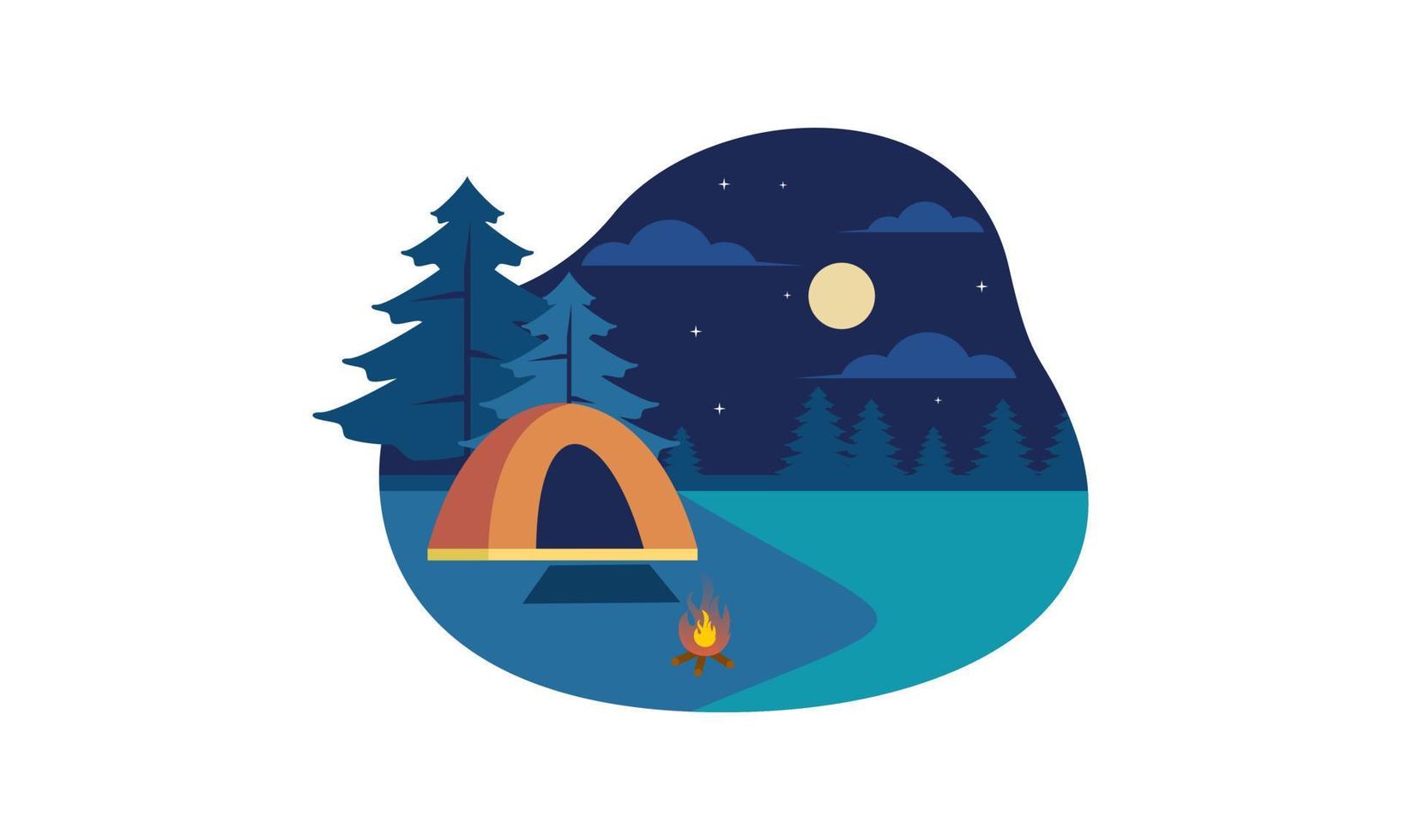 composición de dibujos animados de lugar de campamento con cena en el cielo nocturno de fuego vector