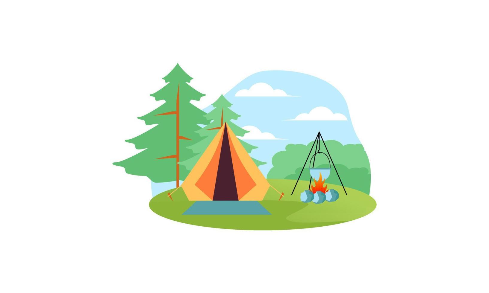 Camping place cartoon composition with dinner on fire night sky vector