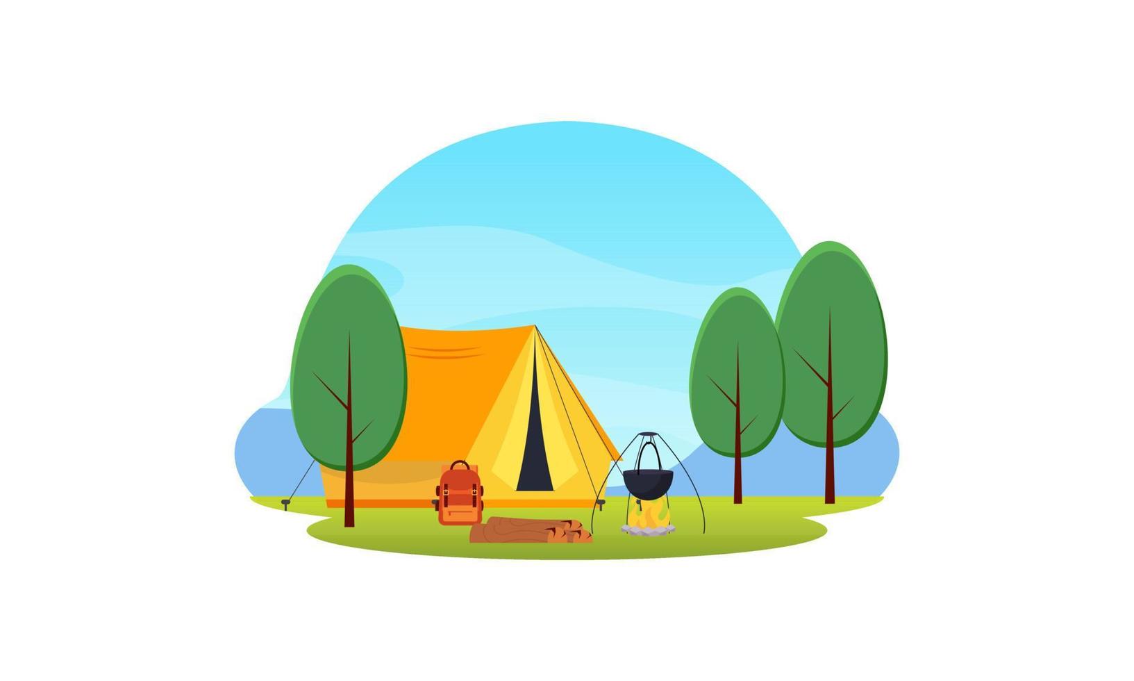 Camping place cartoon composition with dinner on fire night sky vector