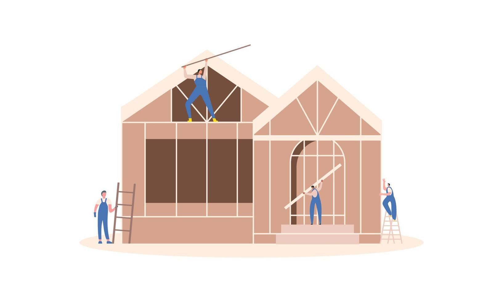 Houses construction process. Team of builders build wood home