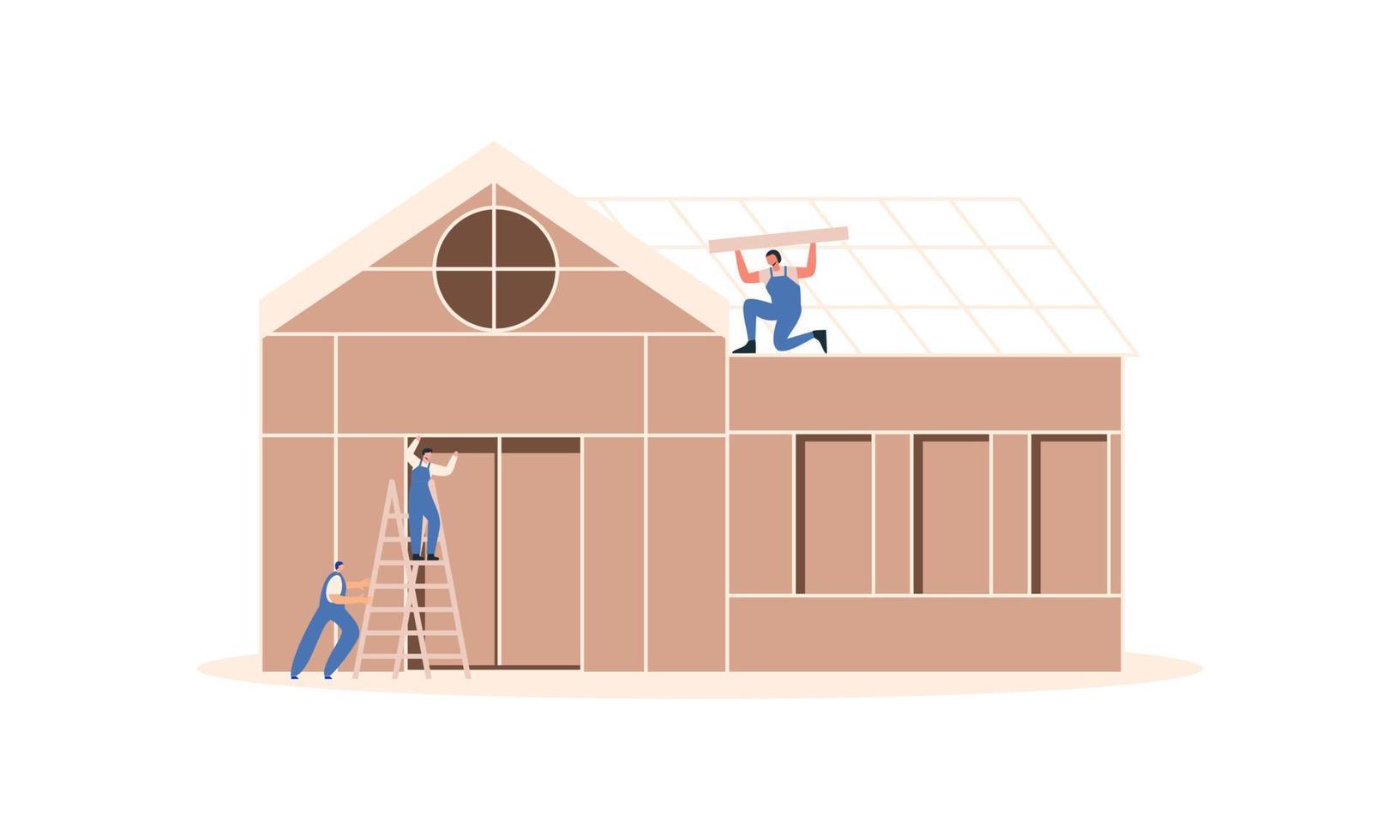 Houses construction process. Team of builders build wood home illustration vector