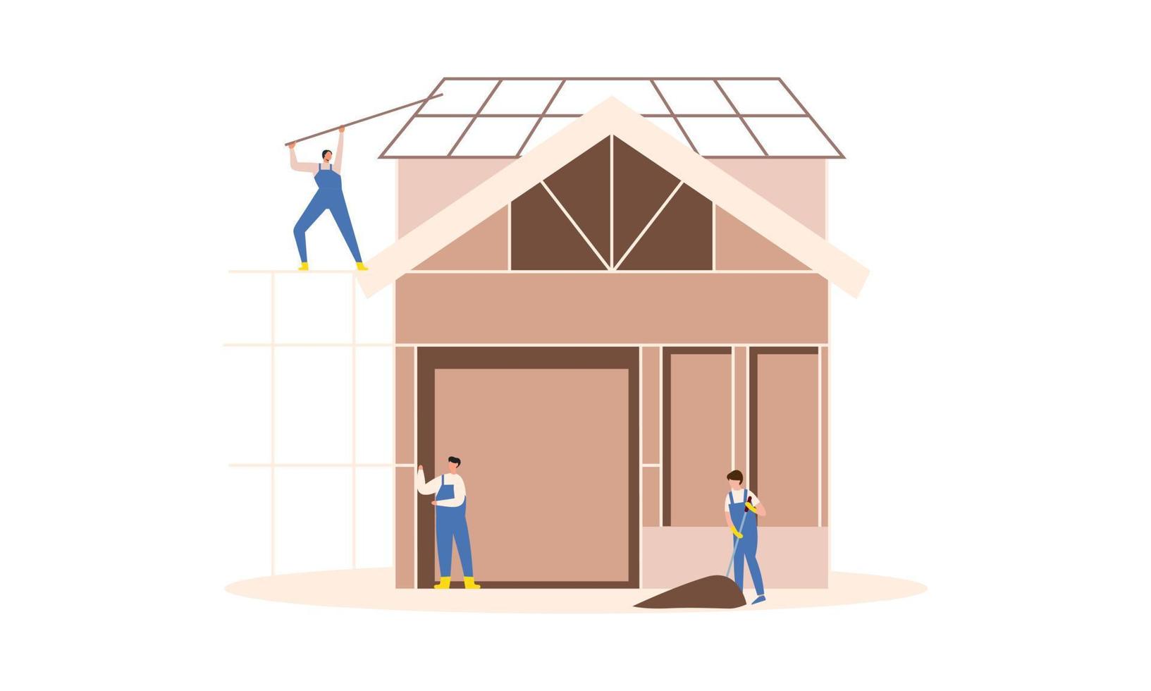 Houses construction process. Team of builders build wood home illustration vector