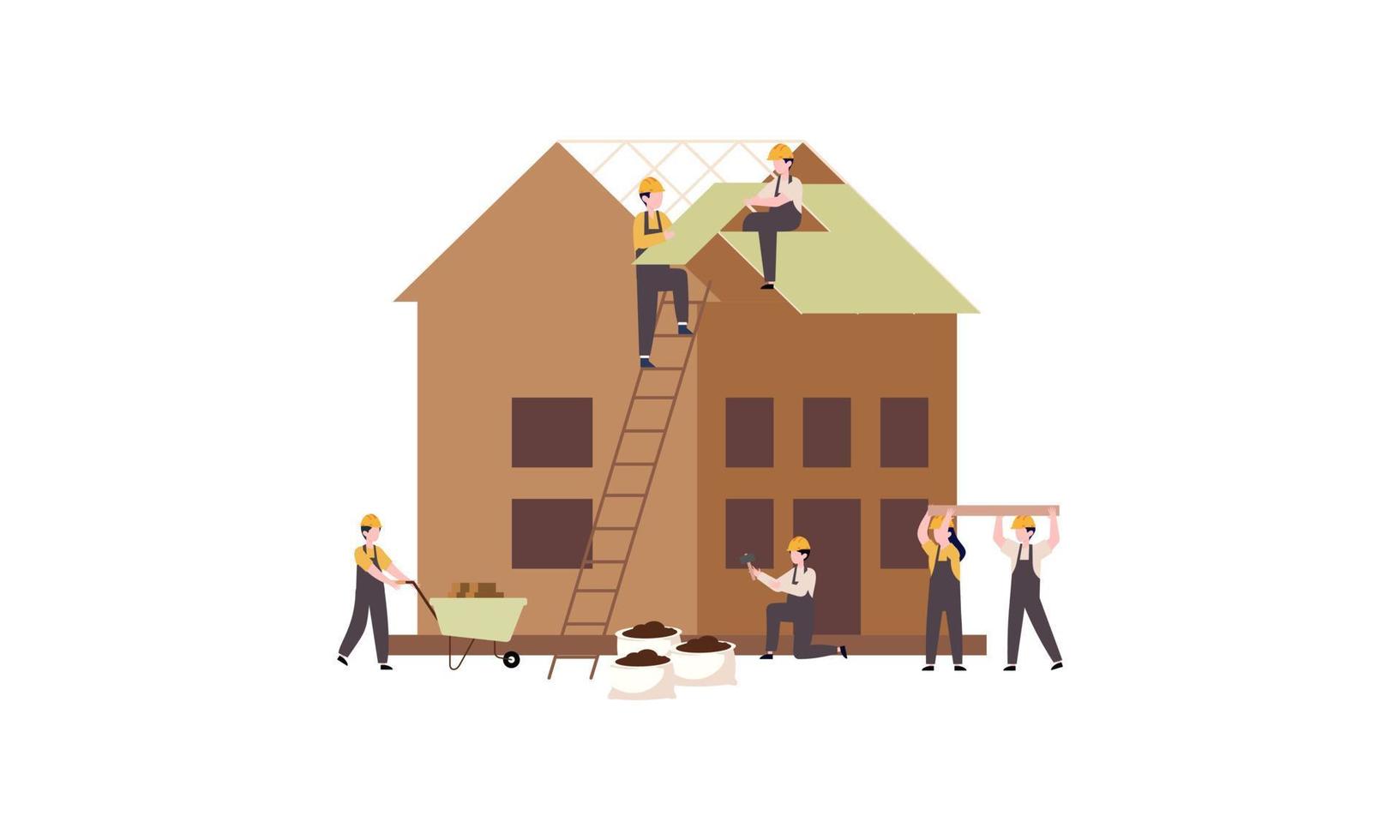 Houses construction process. Team of builders build wood home illustration vector