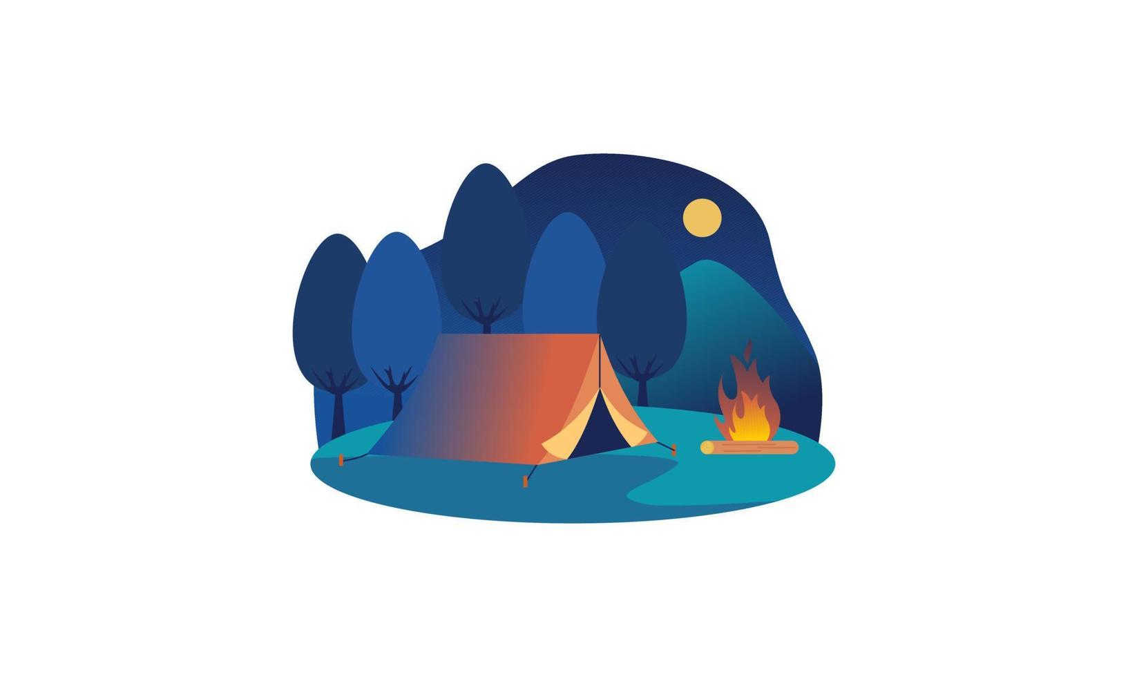 composición de dibujos animados de lugar de campamento con cena en el cielo nocturno de fuego vector