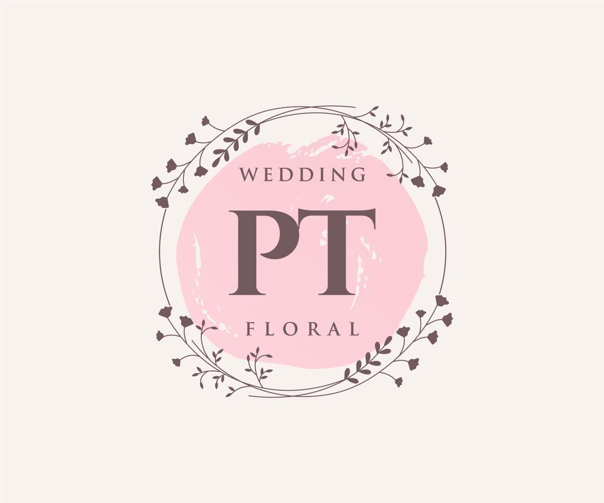 PT Initials letter Wedding monogram logos template, hand drawn modern minimalistic and floral templates for Invitation cards, Save the Date, elegant identity. vector