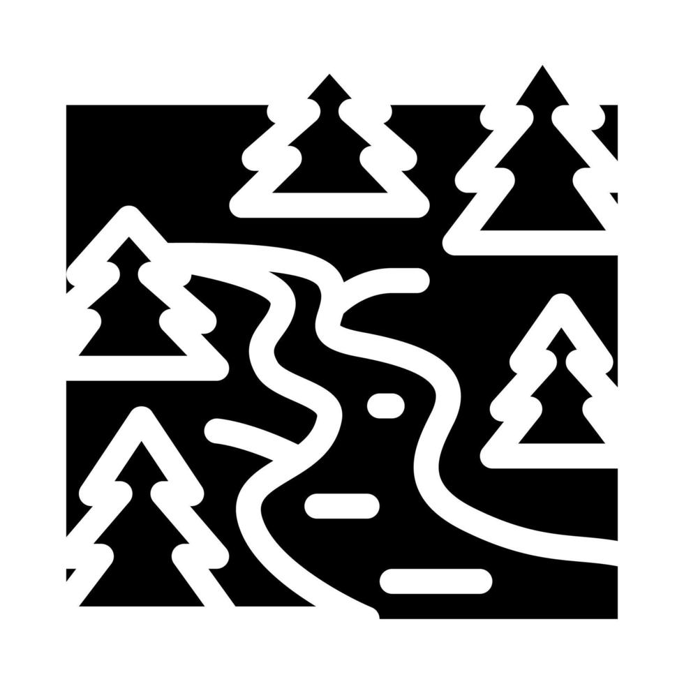 río que fluye entre bosques de coníferas icono vector glifo ilustración