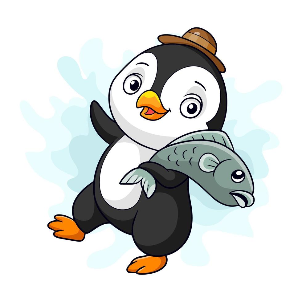 Cartoon little penguin carrying fish vector