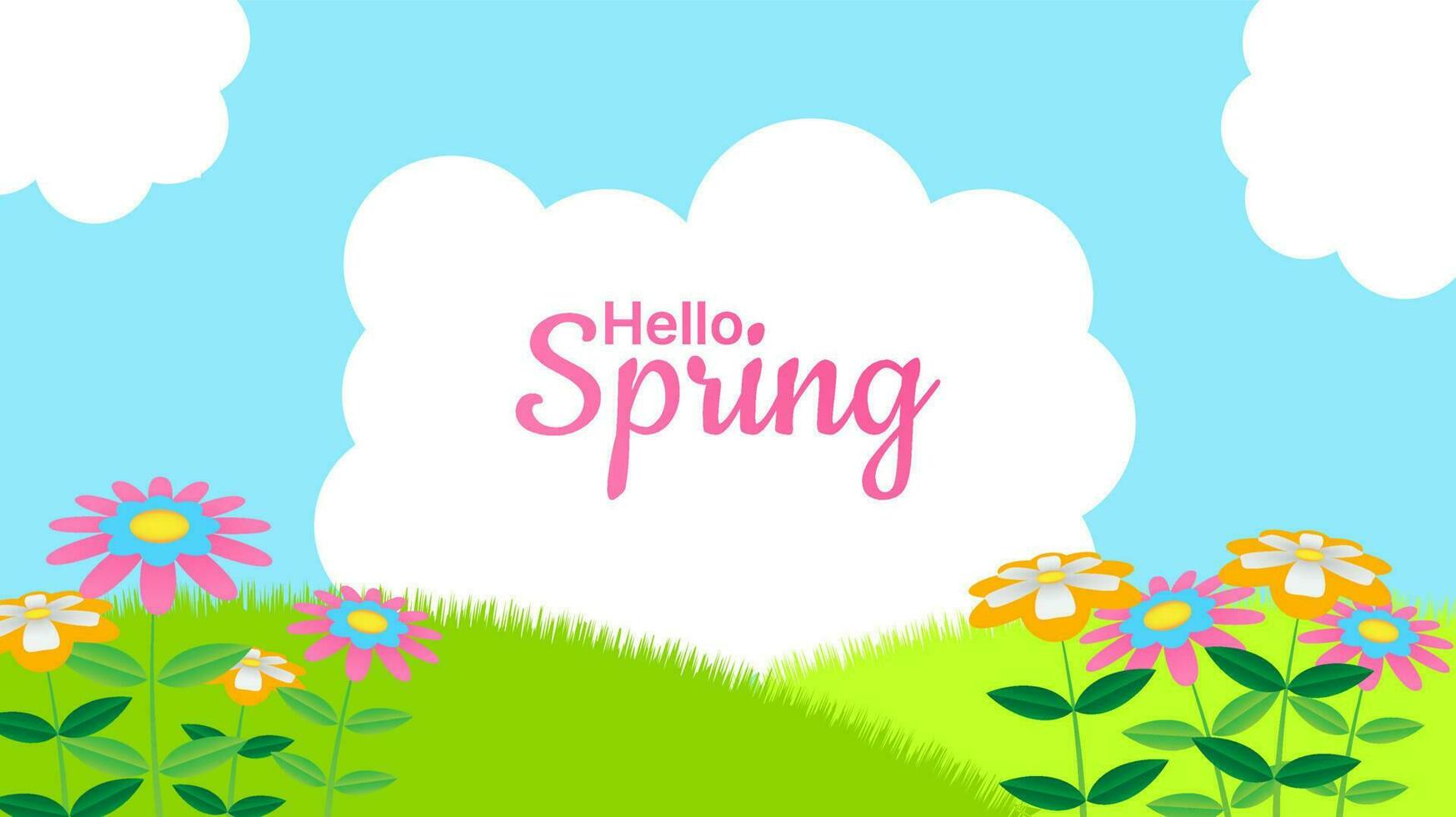 Hello spring banner with flat flowers and leaves illustration. seasonal background design vector