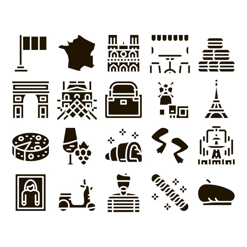 France Country Travel Glyph Set Vector