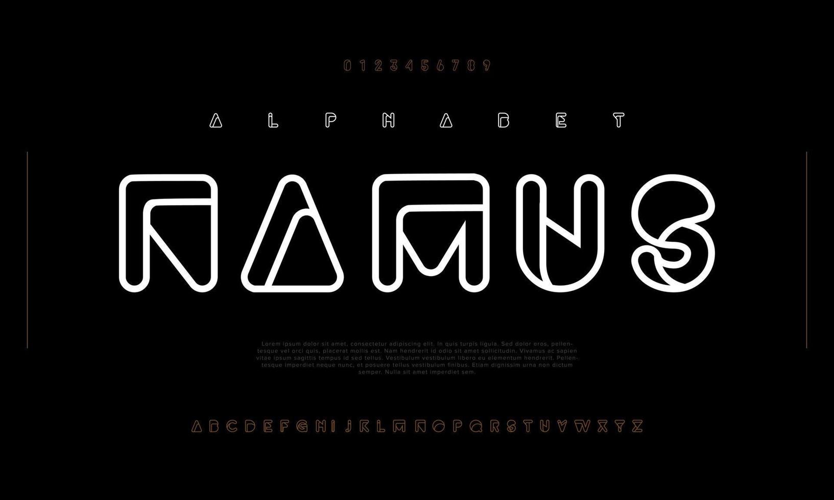 Namus digital font, urban futuristic typography. Simple line typeface vector