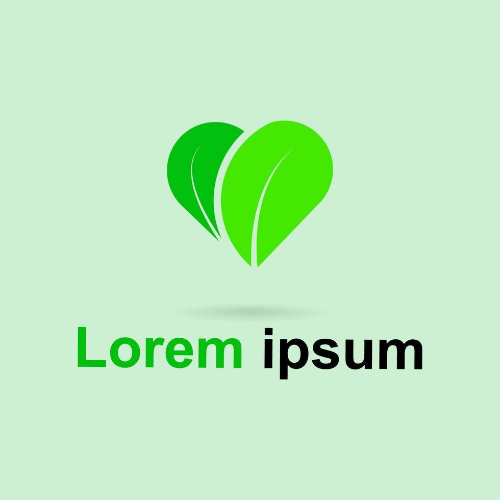 Love nature creative logo design. Simple green leaf and heart shape  symbol. Ecology concept. Suitable for holistic medicine centers, yoga classes, natural and organic food products. Eps 10 vector