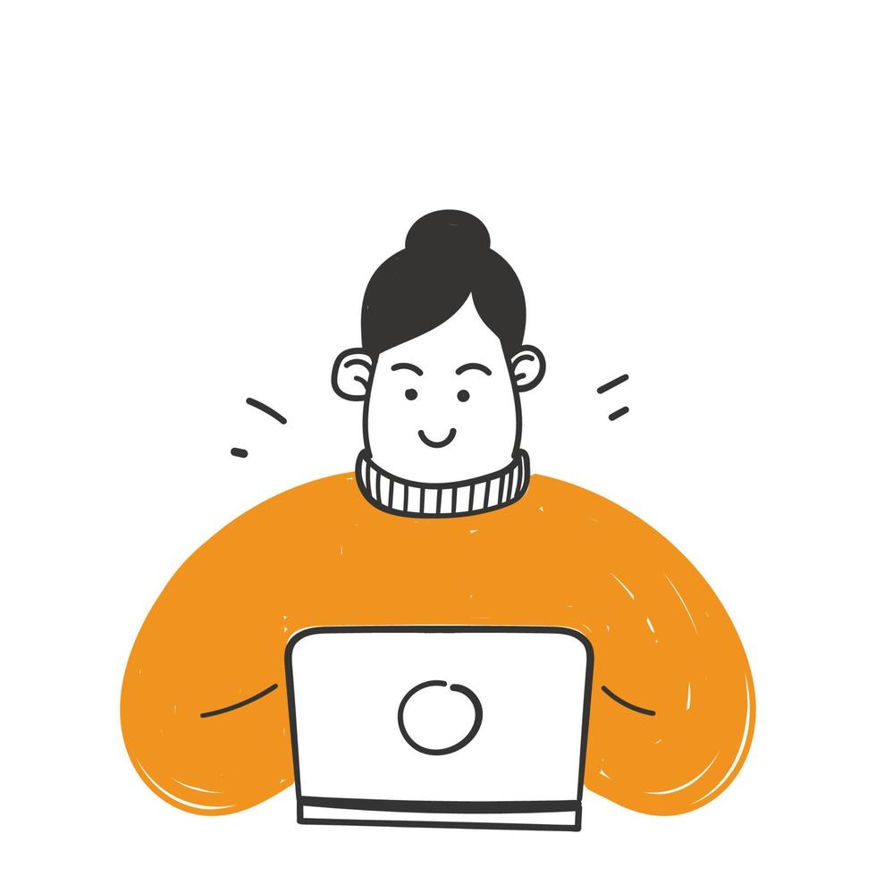 hand drawn doodle woman working on laptop illustration vector