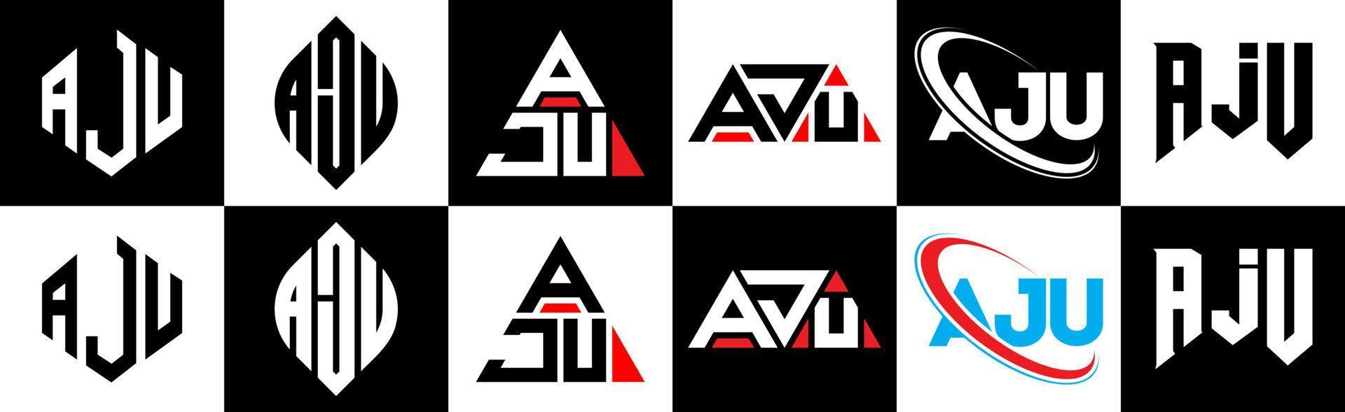 AJU letter logo design in six style. AJU polygon, circle, triangle, hexagon, flat and simple style with black and white color variation letter logo set in one artboard. AJU minimalist and classic logo vector