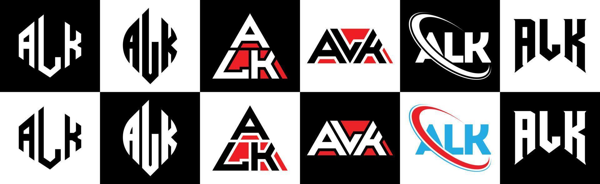 diseño de logotipo de letra alk en seis estilos. alk polígono, círculo, triángulo, hexágono, estilo plano y simple con logotipo de letra de variación de color blanco y negro en una mesa de trabajo. logo minimalista y clásico de alk vector