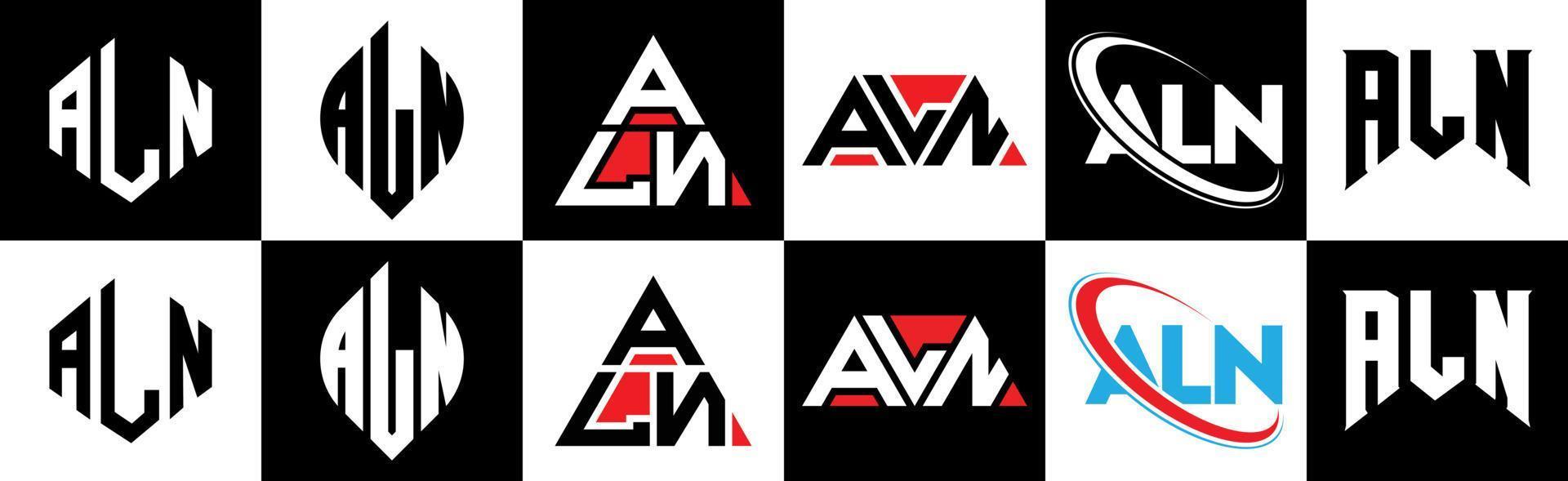 ALN letter logo design in six style. ALN polygon, circle, triangle, hexagon, flat and simple style with black and white color variation letter logo set in one artboard. ALN minimalist and classic logo vector