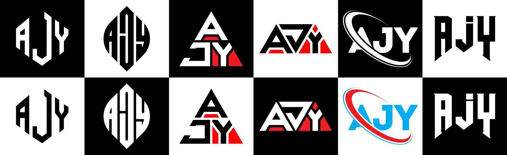 AJY letter logo design in six style. AJY polygon, circle, triangle, hexagon, flat and simple style with black and white color variation letter logo set in one artboard. AJY minimalist and classic logo vector