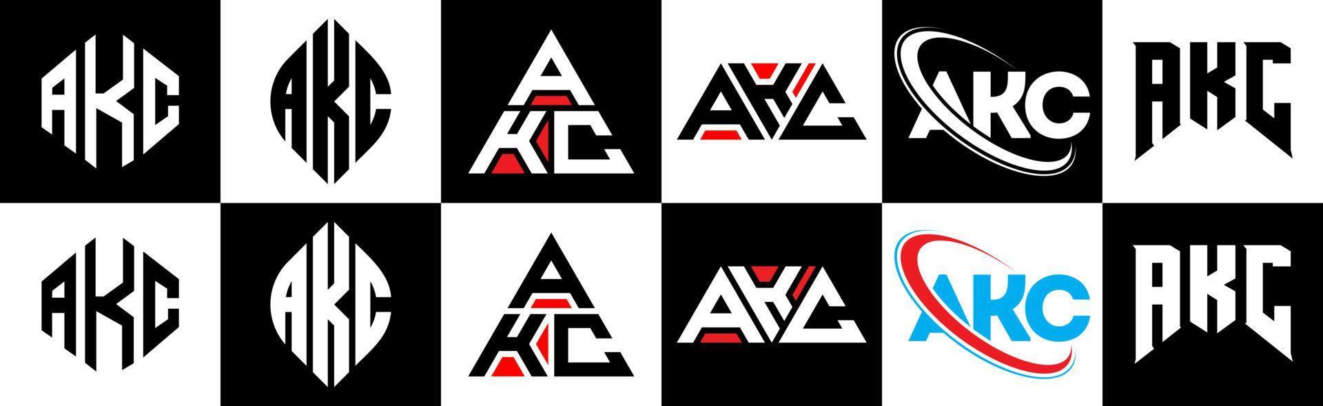 diseño de logotipo de letra akc en seis estilos. akc polígono, círculo, triángulo, hexágono, estilo plano y simple con logotipo de letra de variación de color blanco y negro en una mesa de trabajo. logotipo minimalista y clásico de akc vector