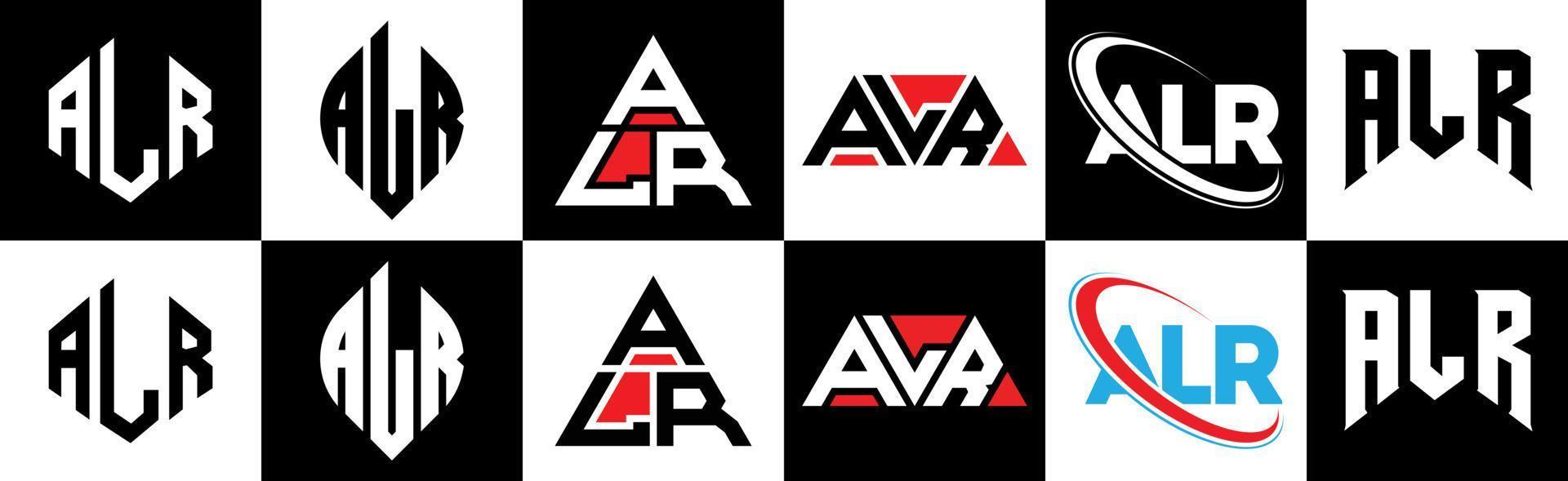 diseño de logotipo de letra alr en seis estilos. alr polígono, círculo, triángulo, hexágono, estilo plano y simple con logotipo de letra de variación de color blanco y negro en una mesa de trabajo. alr logo minimalista y clásico vector