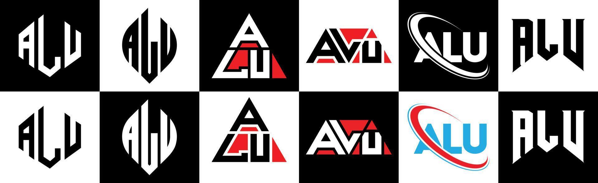 ALU letter logo design in six style. ALU polygon, circle, triangle, hexagon, flat and simple style with black and white color variation letter logo set in one artboard. ALU minimalist and classic logo vector