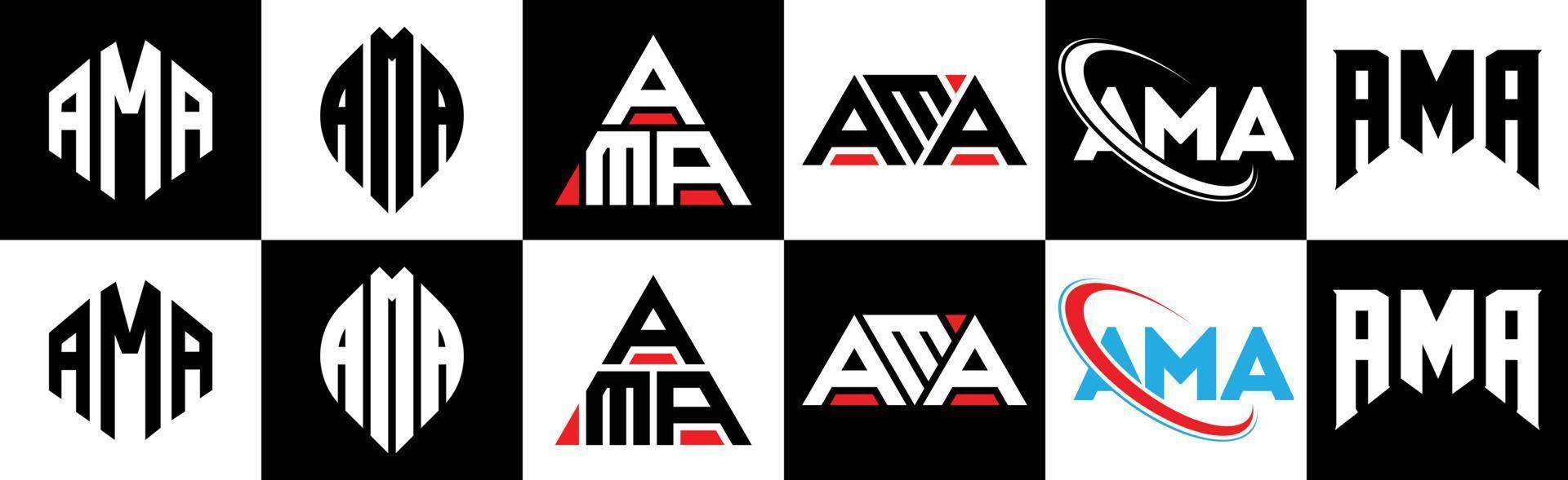 AMA letter logo design in six style. AMA polygon, circle, triangle, hexagon, flat and simple style with black and white color variation letter logo set in one artboard. AMA minimalist and classic logo vector