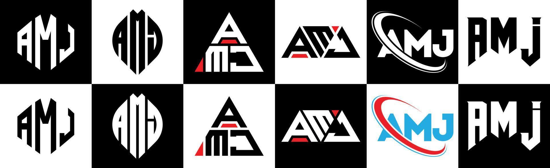 AMJ letter logo design in six style. AMJ polygon, circle, triangle, hexagon, flat and simple style with black and white color variation letter logo set in one artboard. AMJ minimalist and classic logo vector