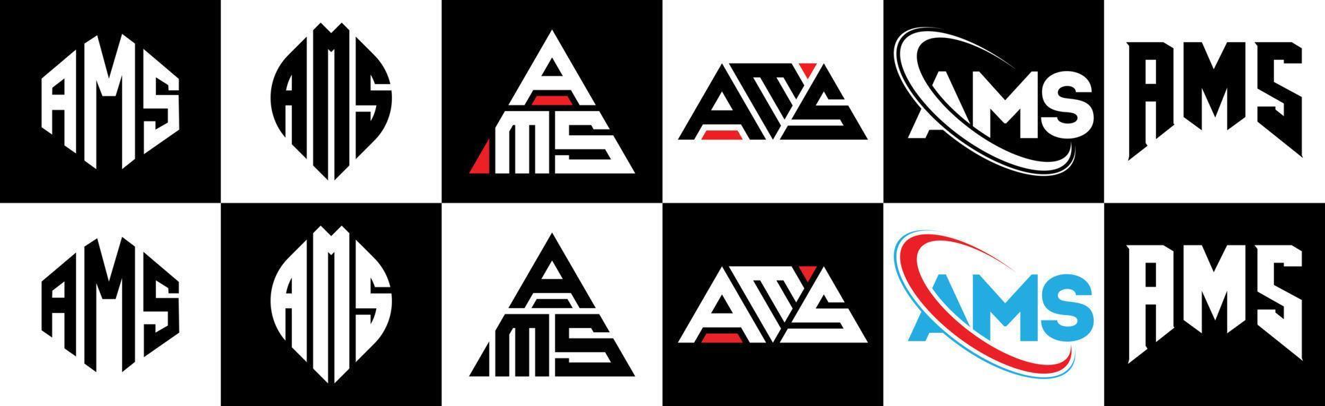 AMS letter logo design in six style. AMS polygon, circle, triangle, hexagon, flat and simple style with black and white color variation letter logo set in one artboard. AMS minimalist and classic logo vector