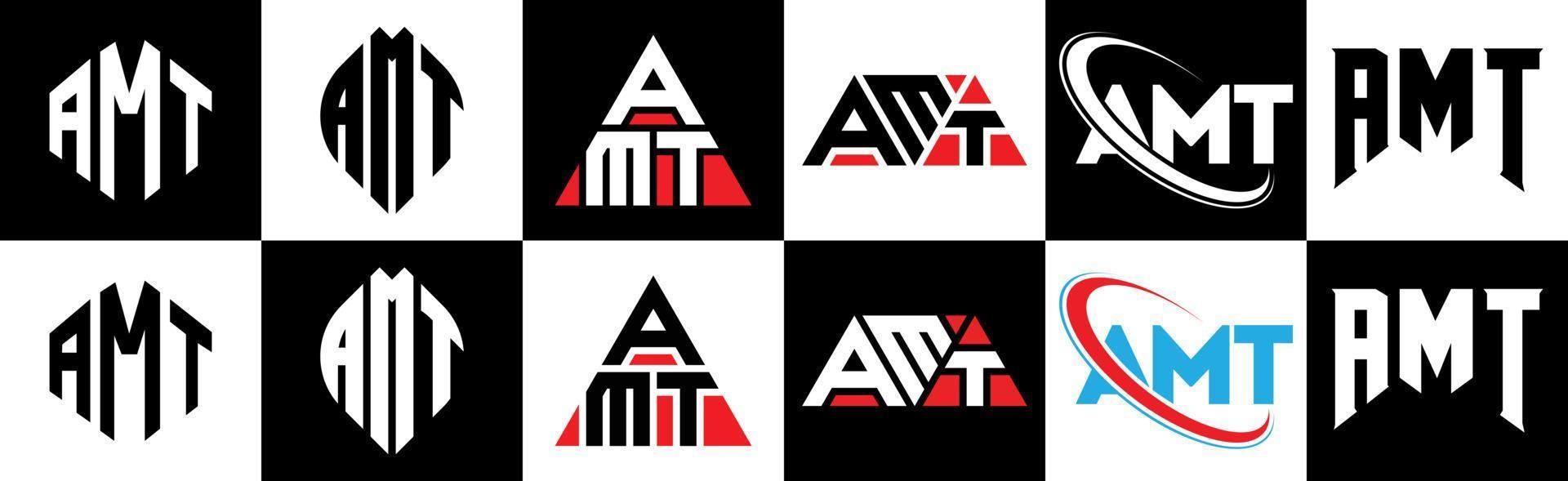 AMT letter logo design in six style. AMT polygon, circle, triangle, hexagon, flat and simple style with black and white color variation letter logo set in one artboard. AMT minimalist and classic logo vector