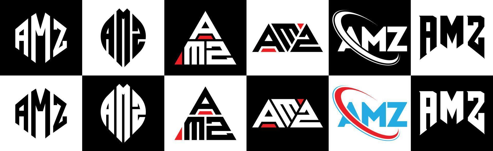 AMZ letter logo design in six style. AMZ polygon, circle, triangle, hexagon, flat and simple style with black and white color variation letter logo set in one artboard. AMZ minimalist and classic logo vector