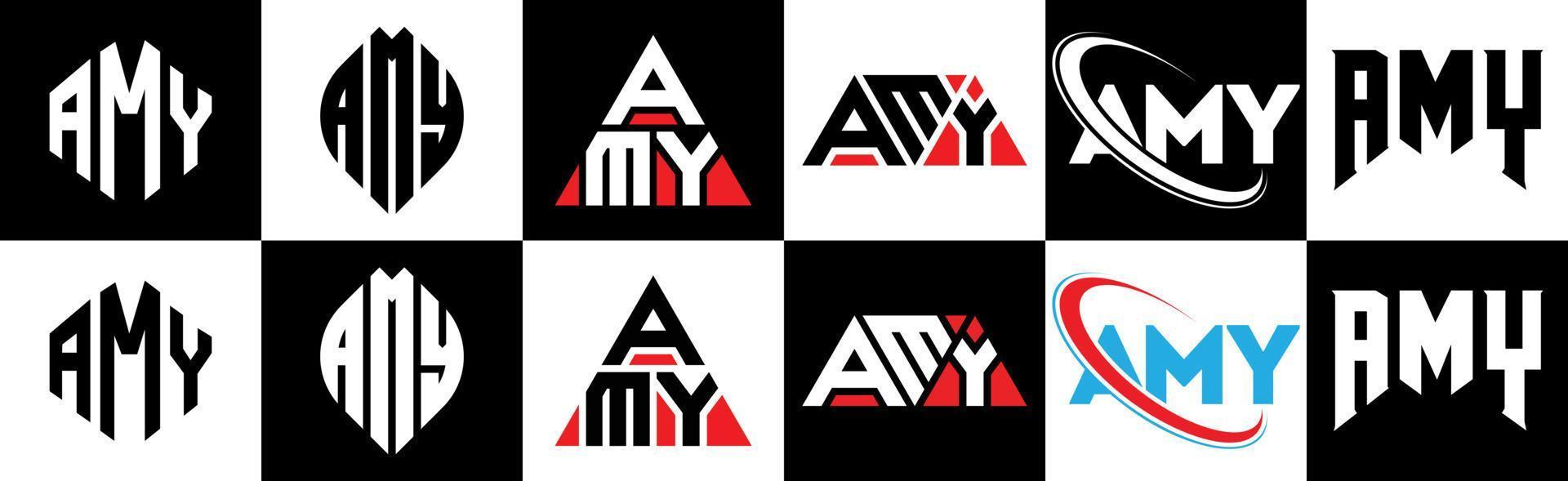 AMY letter logo design in six style. AMY polygon, circle, triangle, hexagon, flat and simple style with black and white color variation letter logo set in one artboard. AMY minimalist and classic logo vector