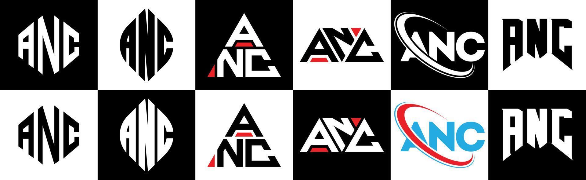 ANC letter logo design in six style. ANC polygon, circle, triangle, hexagon, flat and simple style with black and white color variation letter logo set in one artboard. ANC minimalist and classic logo vector