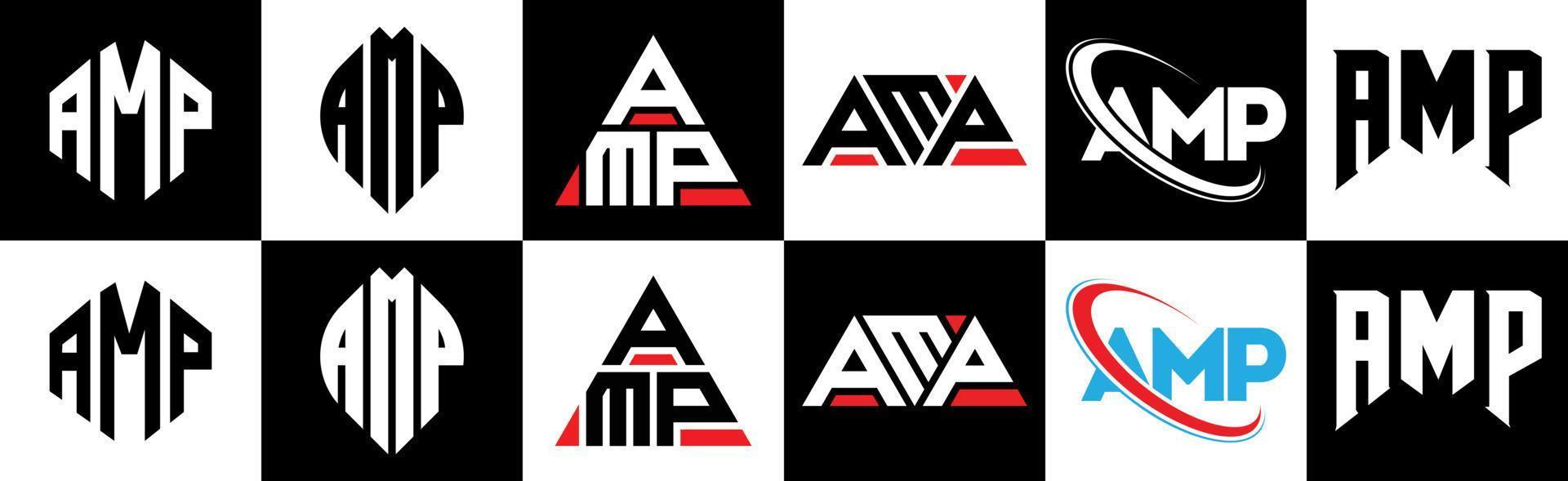 AMP letter logo design in six style. AMP polygon, circle, triangle, hexagon, flat and simple style with black and white color variation letter logo set in one artboard. AMP minimalist and classic logo vector