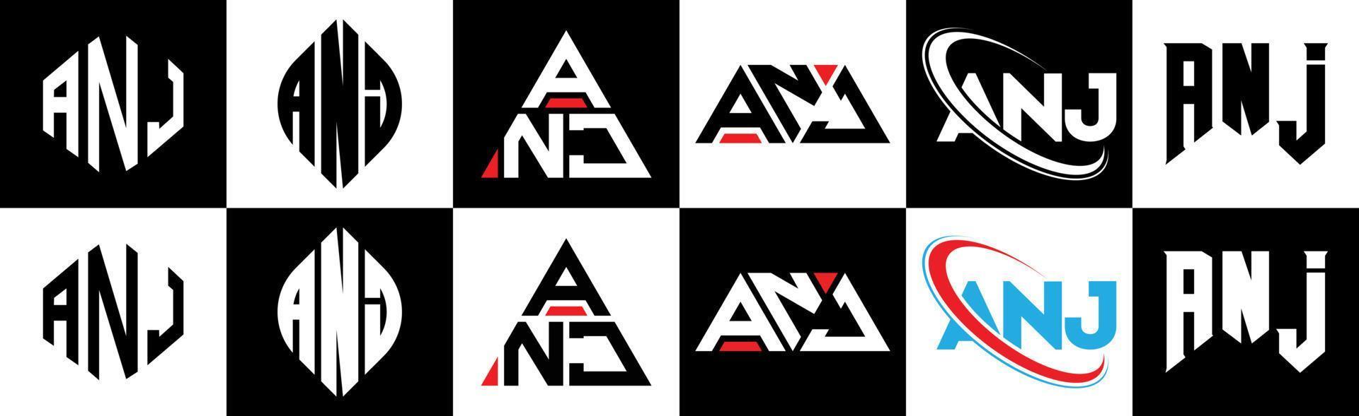 ANJ letter logo design in six style. ANJ polygon, circle, triangle, hexagon, flat and simple style with black and white color variation letter logo set in one artboard. ANJ minimalist and classic logo vector